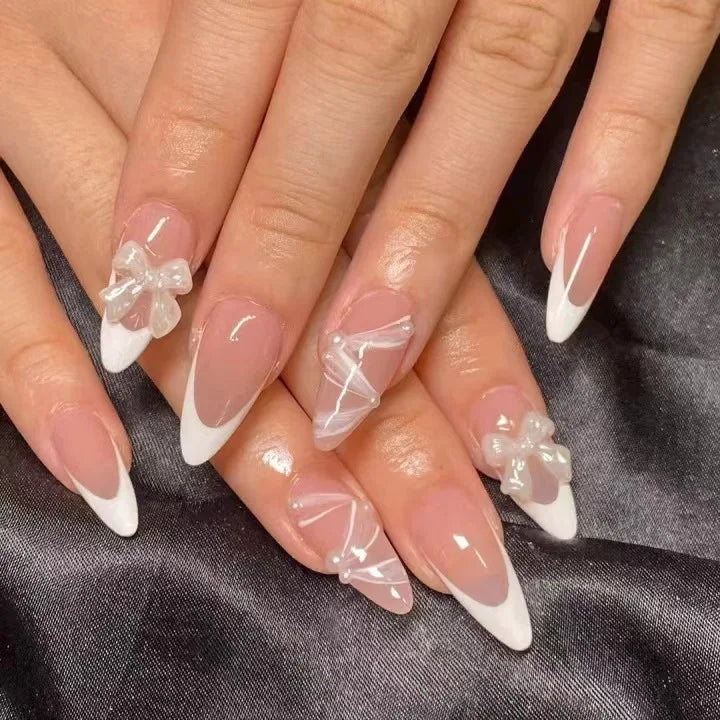 24Pcs Mid-length Brown French Almond Nails Set Press on White Dot Detachable False Nails 3D Bow Pearl Full Cover Fake Nails Tips