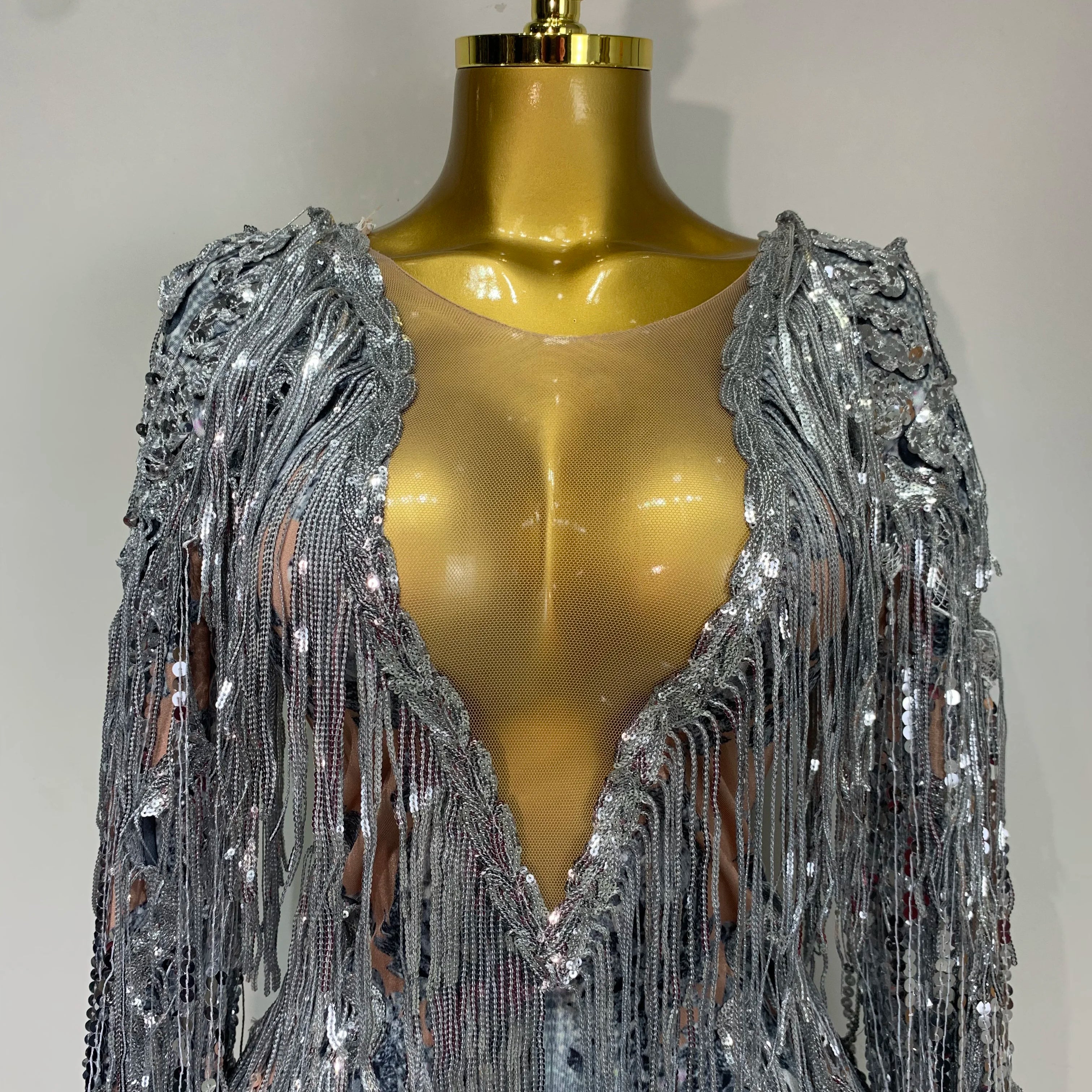 Sparkly Sequin Tassels Long Sleeve Silver Bodysuit Bar Women Singer Show Costume Celebrate Outfit Evening Dance Stage Outfit