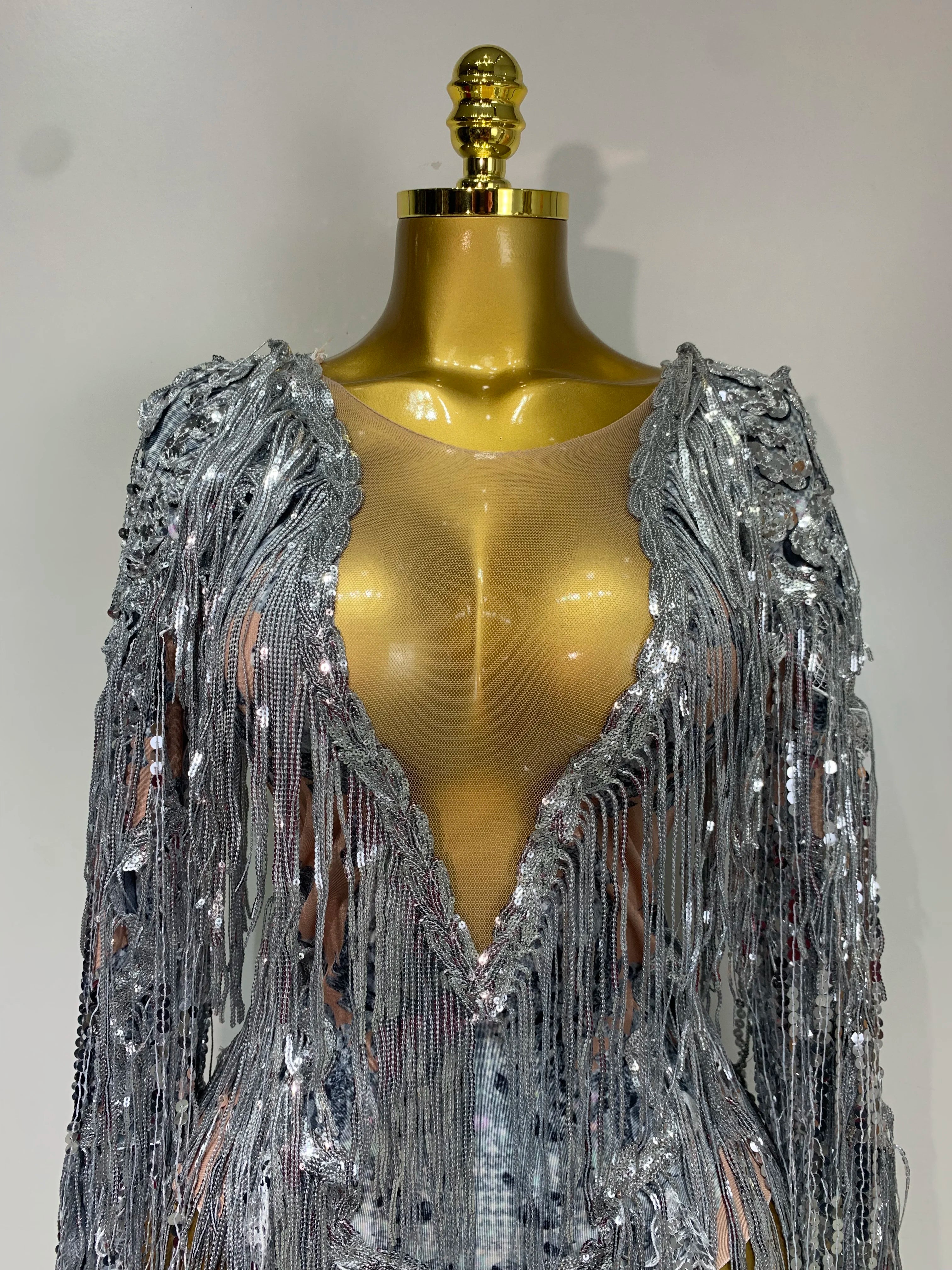 Sparkly Sequin Tassels Long Sleeve Silver Bodysuit Bar Women Singer Show Costume Celebrate Outfit Evening Dance Stage Outfit