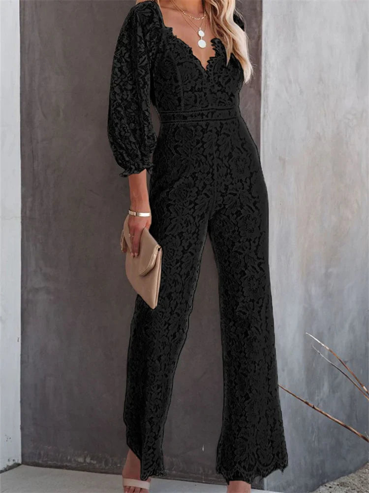 CHRONSTYLE Elegant Women Lace Wide Leg Pants Jumpsuits Solid Color Long Sleeve High Waist V Neck Floral Rompers Streetwear 2023