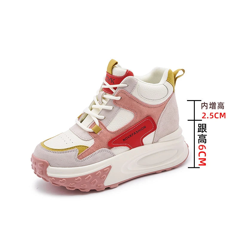 Fujin 8.5cm Cow Genuine Leather Thick Soled Spring Platform Wedge Chunky Sneakers Women Autumn Fashion Hidden Heels Ladies Shoes pink