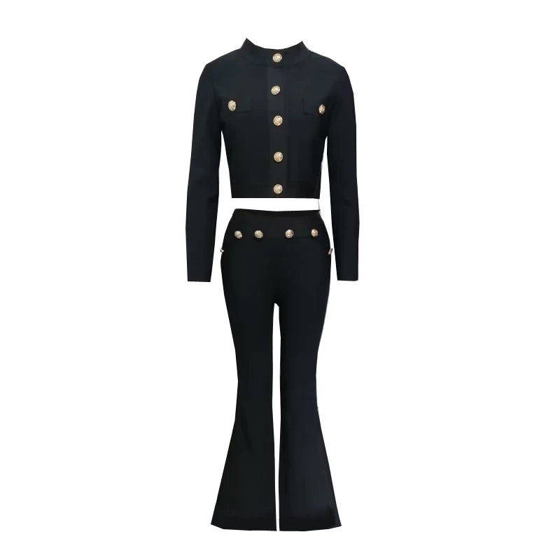 Women's Autumn Long Sleeve Gold Button Stretch Bandage Black Top Long Pants Casual Holiday Fashion Sets