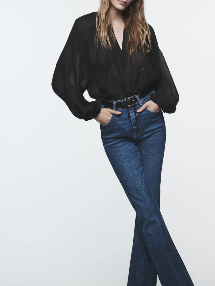 Woman's High Waist Flare Jeans Autumn Washed Effect High Rise Five Pocket Zip Button Closure Stretch Flared Legs Jeans