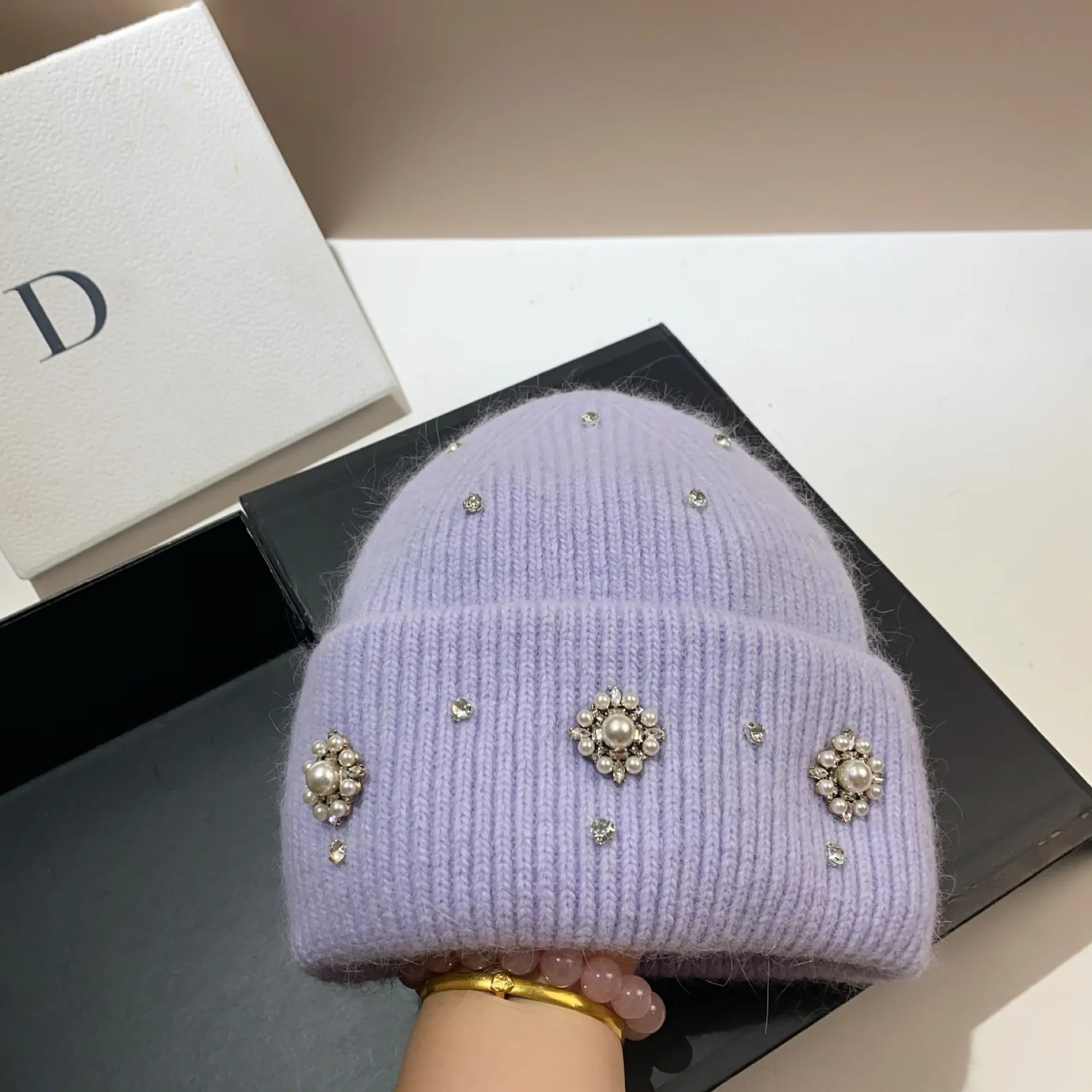 Designer Brand Rhinestones Winter Knitted Hat Women Warm Wool Skullies Beanies Real Rabbit Fur Knit Bonnet Outdoor Skiing Cap light purple