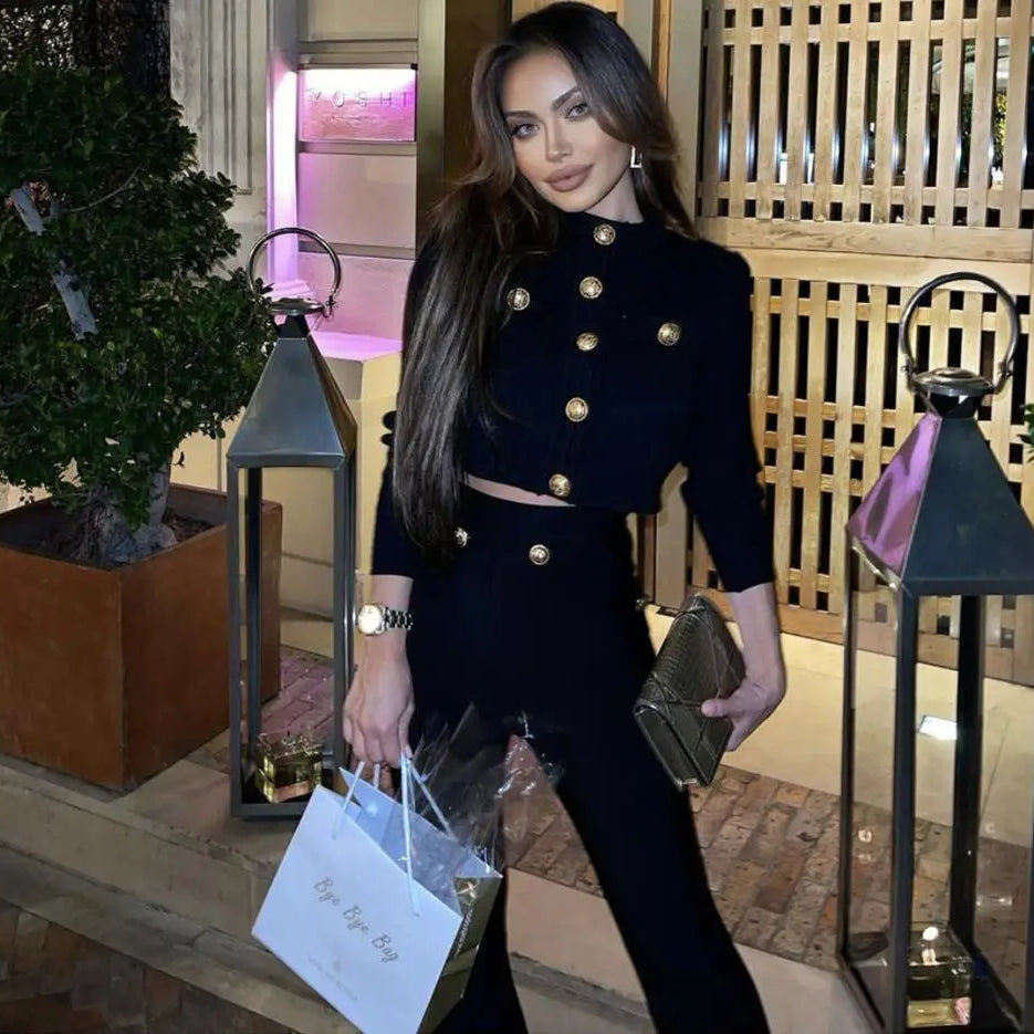 High Quality Bandage Expose Waist Woman Set Fashion Golden Buttons Short Coat Top And Flare Pants 2 Pieces High Street Wear