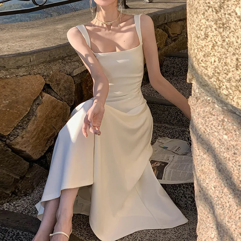 Summer Evening Party White Midi Dress Office Lady Slim Sexy Sleeveless Strap Dress Beach Style Women One Piece Dress Korean