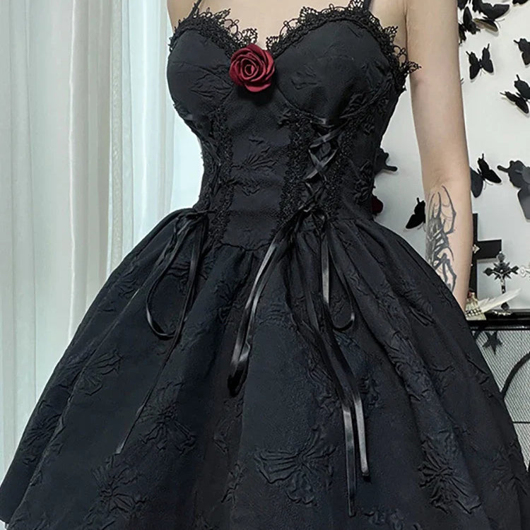 Goth Dark Tie Up Mall Gothic Elegant Women Dresses Grunge Aesthetic Jacquard A-Line Dress Emo Lace Trim Black Party Alt Clothes