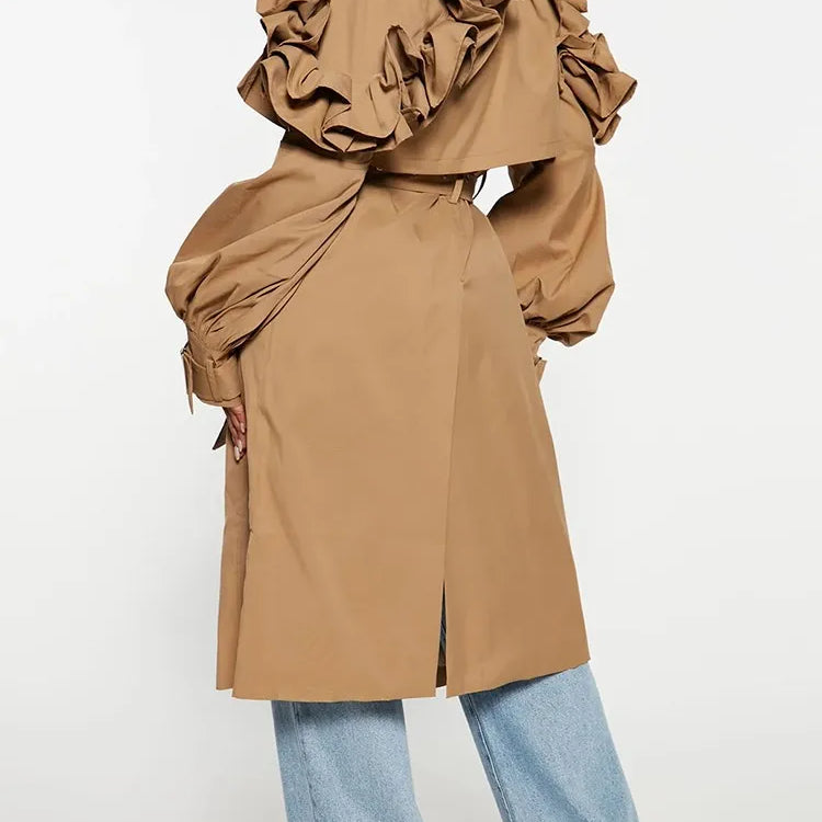 TWOTWINSTYLE Casual Spliced Ruffles Trenches For Women Lapel Long Sleeve Patchwork Belt Vintage High Street Trench Female Style
