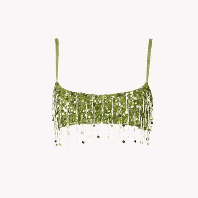Y2K Tassel Sequin Mini Skirt Sets Women Crop Backless Sling Vest Short Hip Package A-line Skirts 2025 Summer Party Club Outfits
