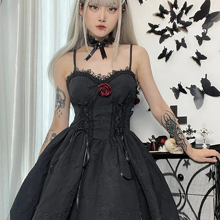 Goth Dark Tie Up Mall Gothic Elegant Women Dresses Grunge Aesthetic Jacquard A-Line Dress Emo Lace Trim Black Party Alt Clothes