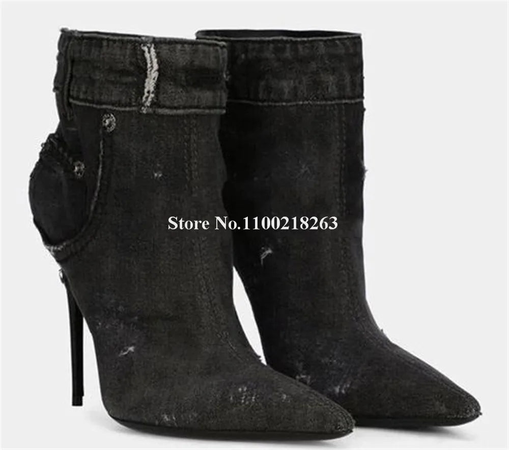 Western Fashion Blue Black Denim Short Boots Pointed Toe Sexy Slip-on Stiletto Heel Jean Ankle Booties Casual High Heels black