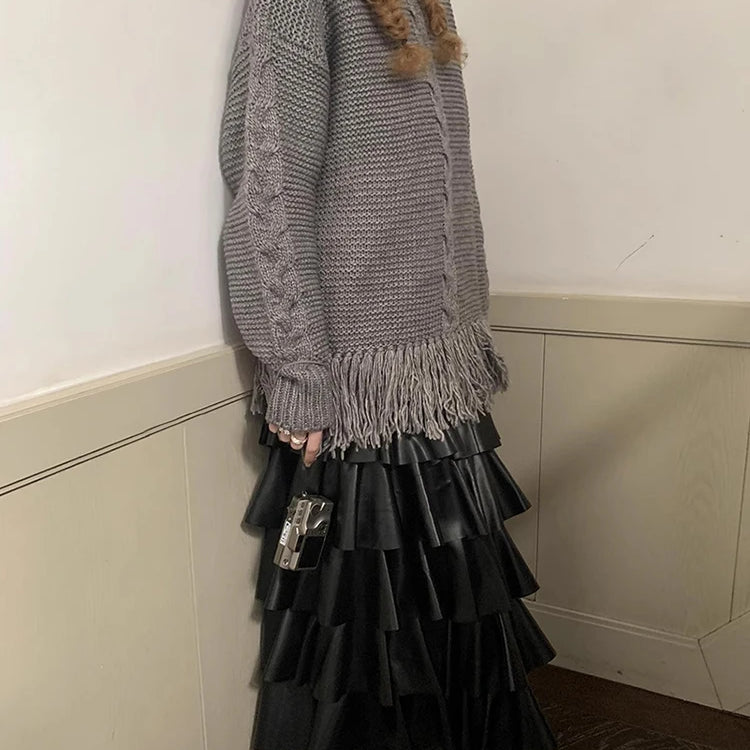 Spring Autumn Black Pu Leather Midi Tiered Skirt Women with Elastic High Waist Long Elegant Luxury Designer Clothes