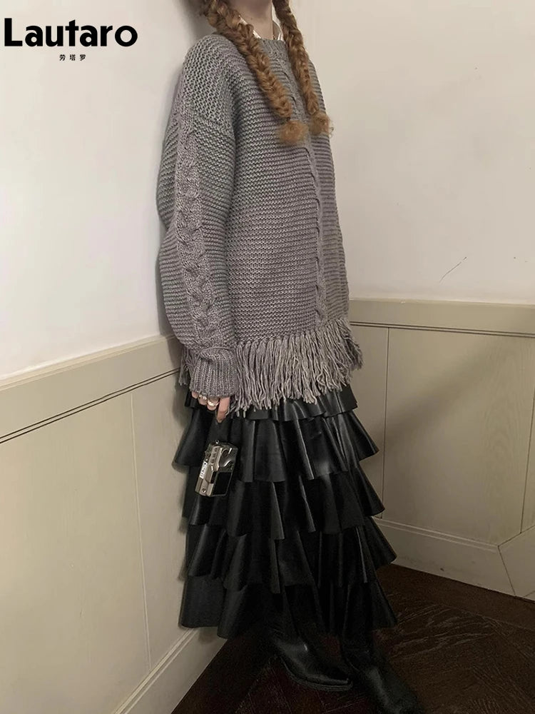 Spring Autumn Black Pu Leather Midi Tiered Skirt Women with Elastic High Waist Long Elegant Luxury Designer Clothes