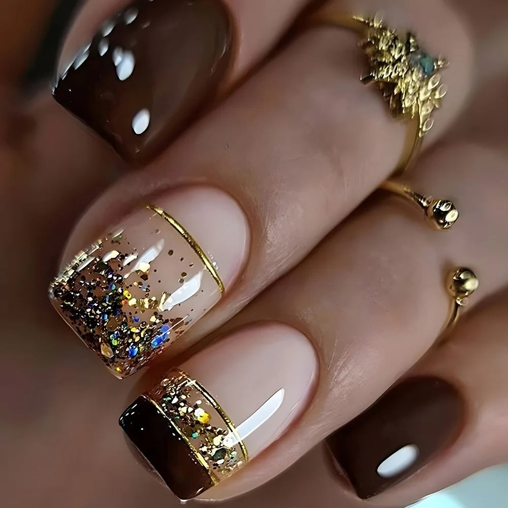 24pcs/set short square fake nails for women girls faux ongles fashion glitter geometric flowers design press on false nail kit