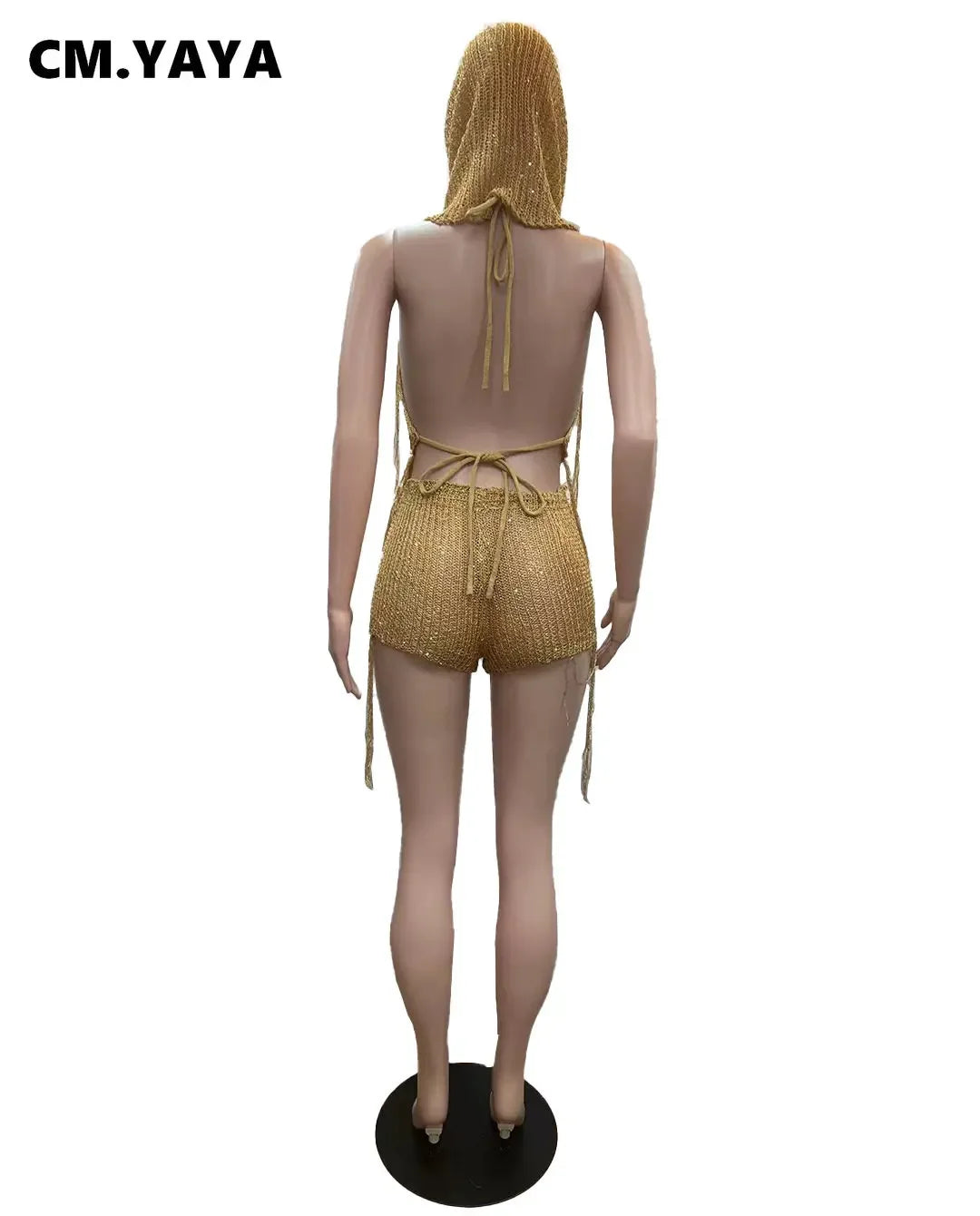 CM.YAYA Knit Ribbed Women's Set Halter Neck Backless Crop Top with Hat Shorts Suit 2023 Summer Two 2 Piece Set Outfit Tracksuit