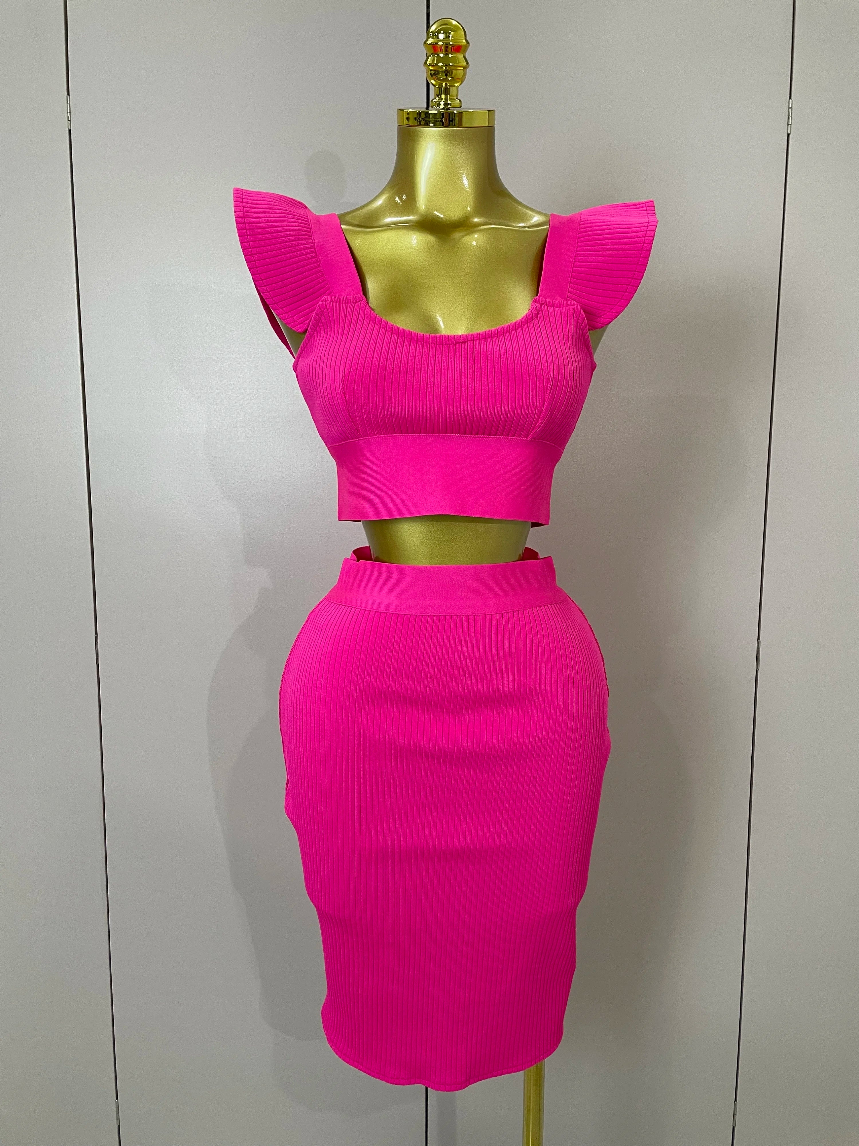 Women 2025 New Sexy Backless Ruffles Red Bandage Two Pices Set 2025 Celebrity Evening Elegance Birthday Party Dress