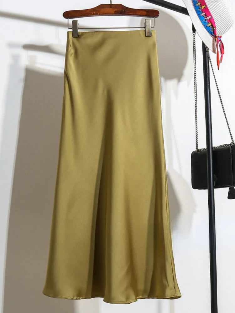 Acetic Satin Fishtail Skirt Woman Korean Fashion Elastic High Waist Skirts for Women Spring/summer New Slim Long Dresses green