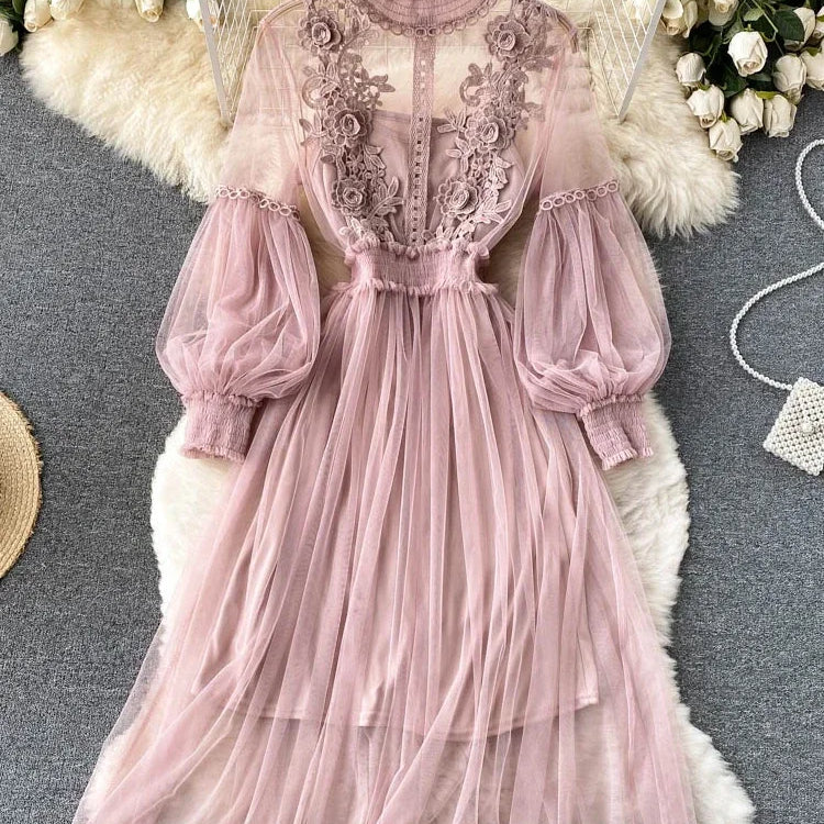 Women Party Lace Flower Dress Gauze Lantern Sleeve Voile Long Dress Female Retro Hook Princess Dress 2 Piece Set pink