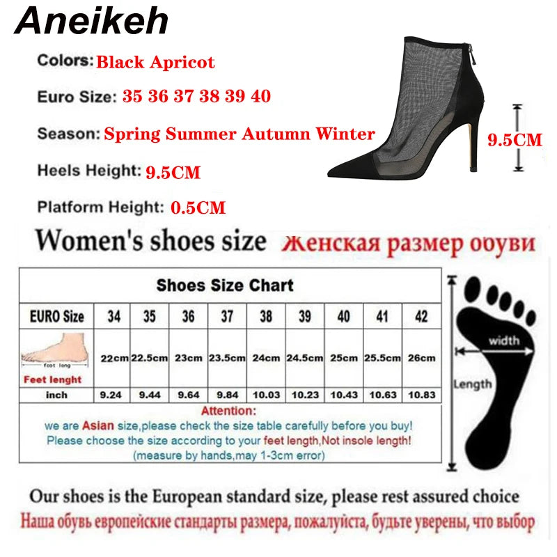 Fashion Spring Ventilation Mesh ANKLE Boots Ladies Pumps 9.5CM Thin Heels Pointed Toe ZIP Solid Women's Shoes
