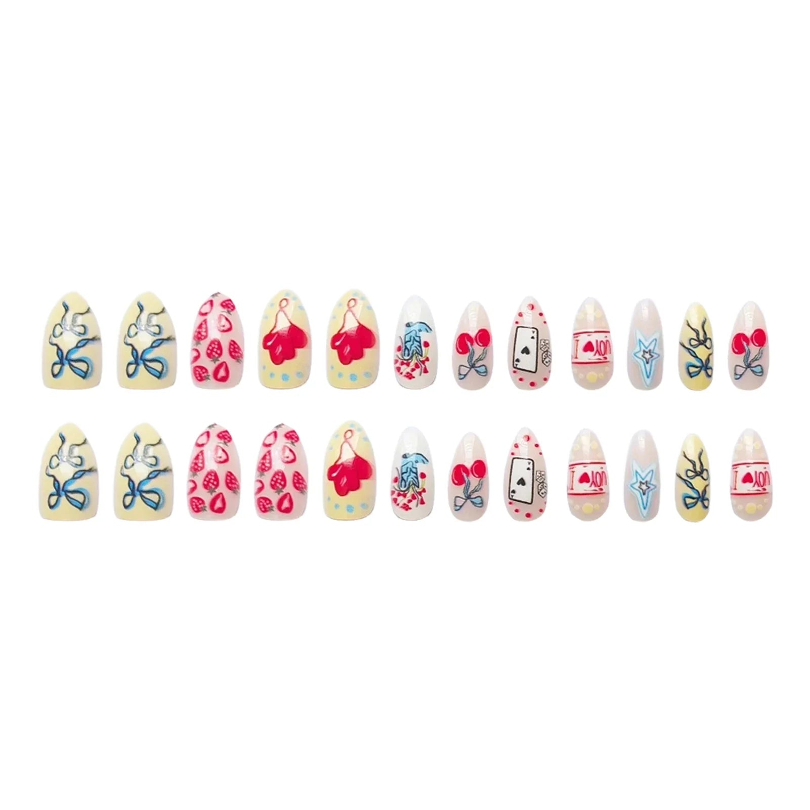 Y2K Girls Almond Fake Nails 24Pcs Colorful Press On Nails Strawberry/Bowknot/Star Printed Party Charm Manicure Stick-on Nail Art
