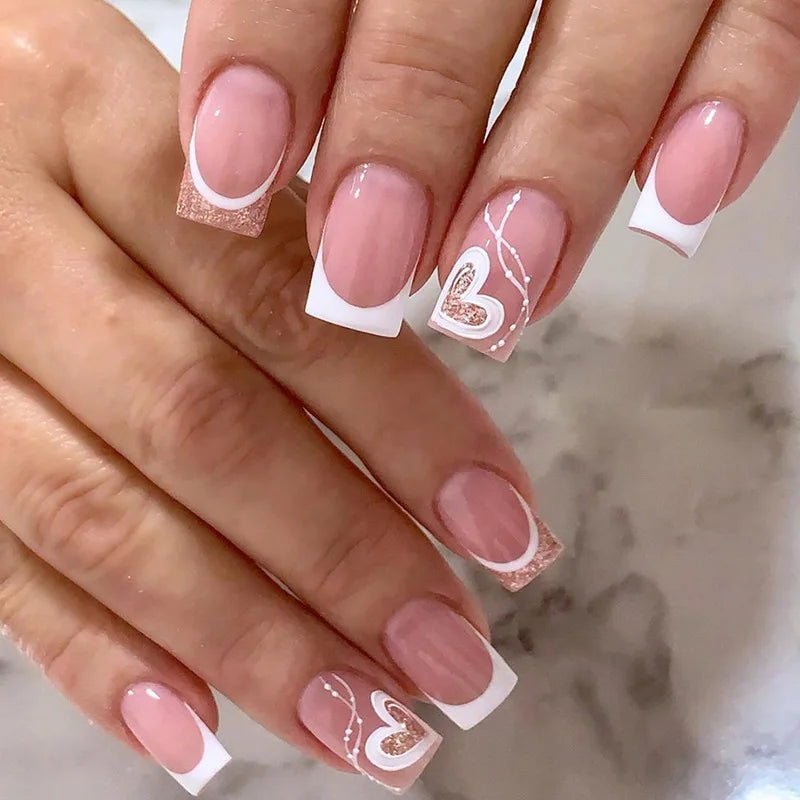 24Pcs Mid-length French False Nail with Diamond Gradient Square Press on Nails Flower Design Fake Nail Wearable Manicure Tools