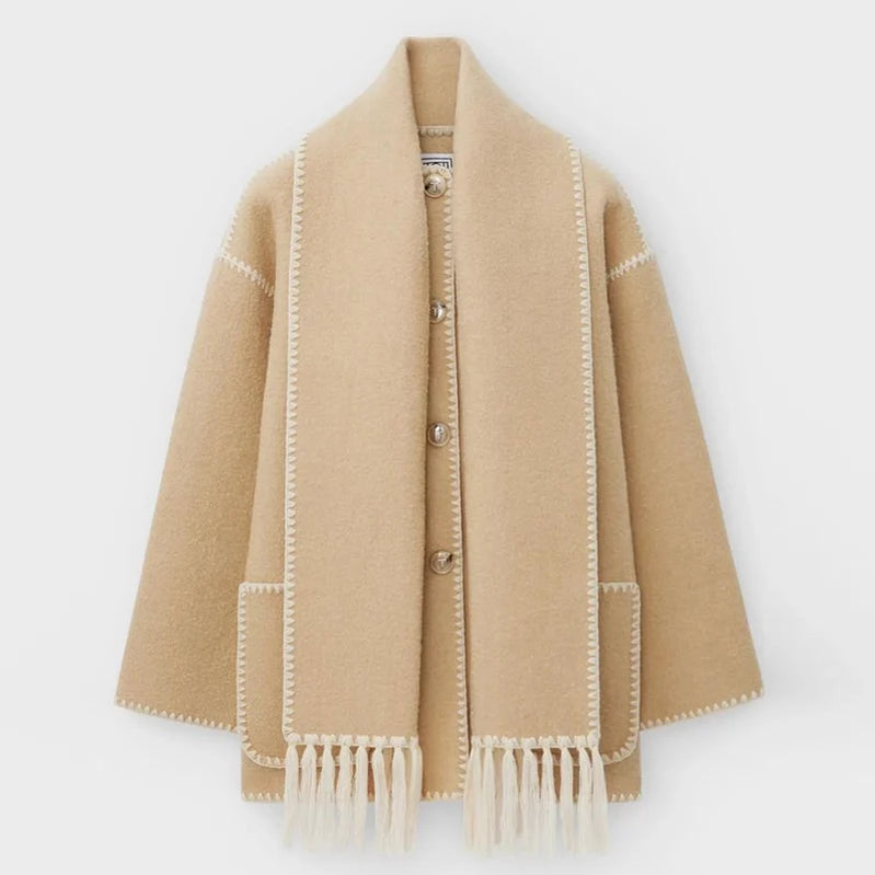Fashion Embroidery Coat With Scarf For Women Long Sleeve Pockets Jacket Female Autumn Single Breasted Loose Lady Streetwear as picture