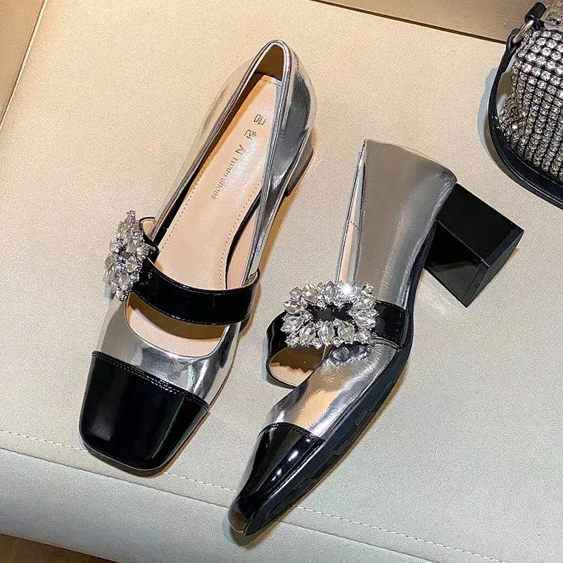 Mary Janes Mid Heels Shoes Women Luxury Crystal Shoes Summer Square Toe Lolita Zapatos Dress Chunky Elegant Pumps Femme Silver