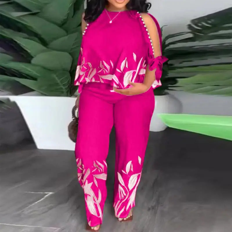 Plus Size 5XL Elegant Women Pant Sets 2024 VONDA Summer Cold Shoulder 2pcs Casual 3/4 Sleeve Tops Vintage Printed Matching Sets
