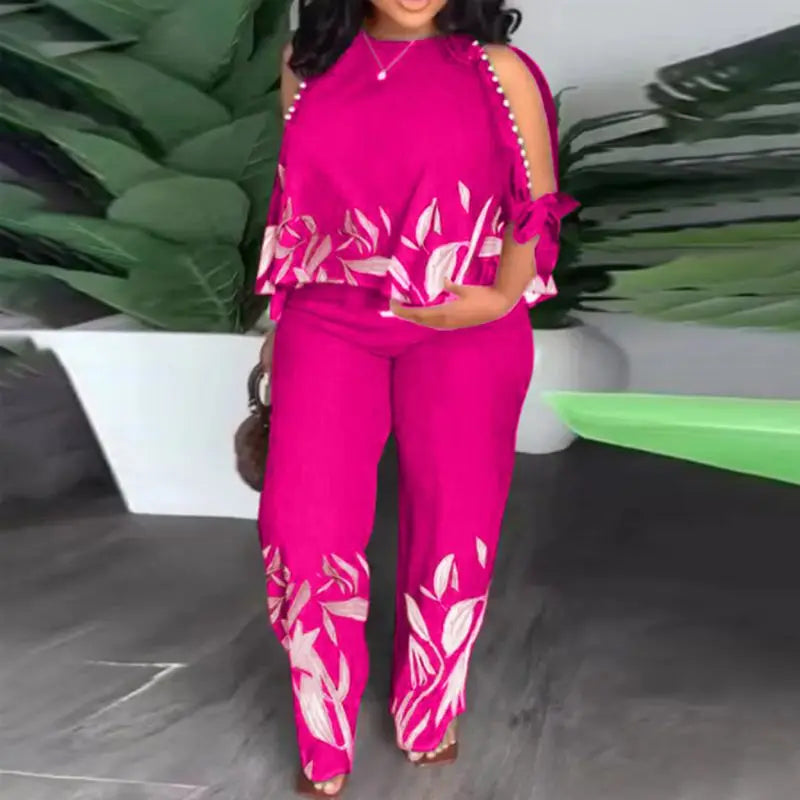 Plus Size 5XL Elegant Women Pant Sets 2024 VONDA Summer Cold Shoulder 2pcs Casual 3/4 Sleeve Tops Vintage Printed Matching Sets