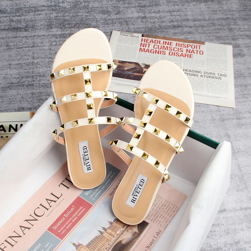 summer women's sandals ladies casual slippers flat shoes simple style Fashion rivet design walking and shopping Large size