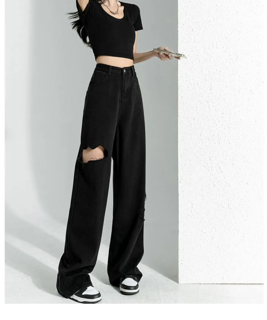 Black Ripped Jeans Women Summer New Straight Y2k Jeans Korean Fashion Women Pants High Waist Wide Demin Pant