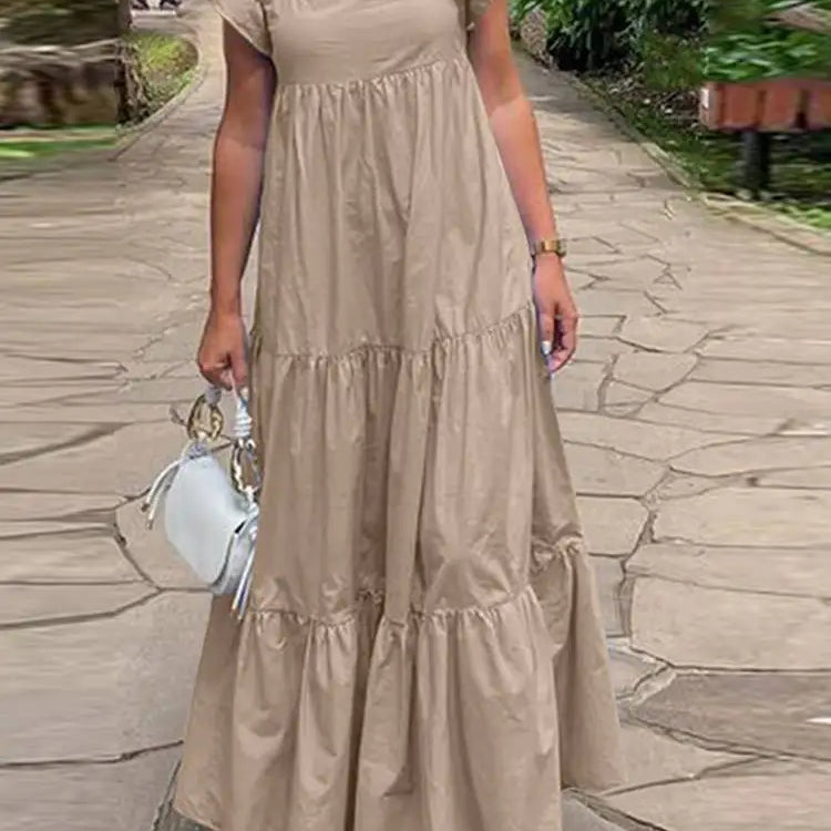 Fashion Summer Ruffles Holiday Dress Women Square Neck Short Sleeve Casual Sundress Solid Beach Vestido Robe Femme Beige