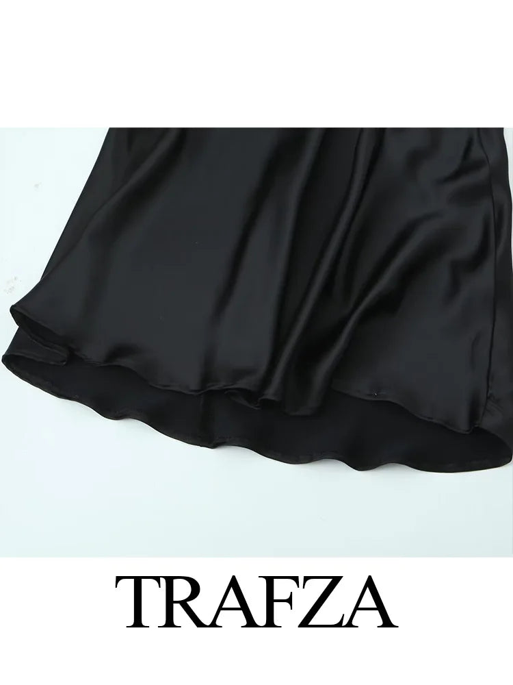 TRAFZA Women Fashion Backless Dresses Sexy Black Halter Tie Satin Long Dress Woman Bodycon Dresses New Ladies Luxury Party