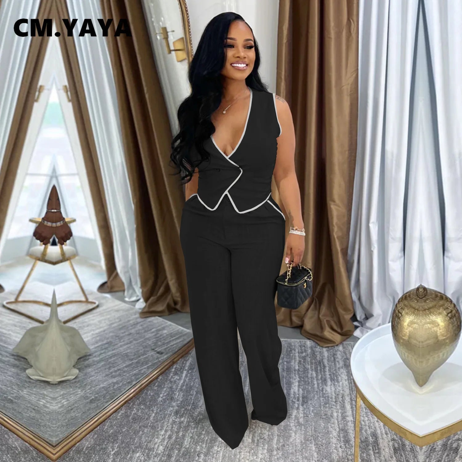 CM.YAYA Fashion Women's Set Strapless Vest Tops and Wide Leg Pants Suit 2025 Summer Street Two 2Piece Sets Outfit Tracksuit