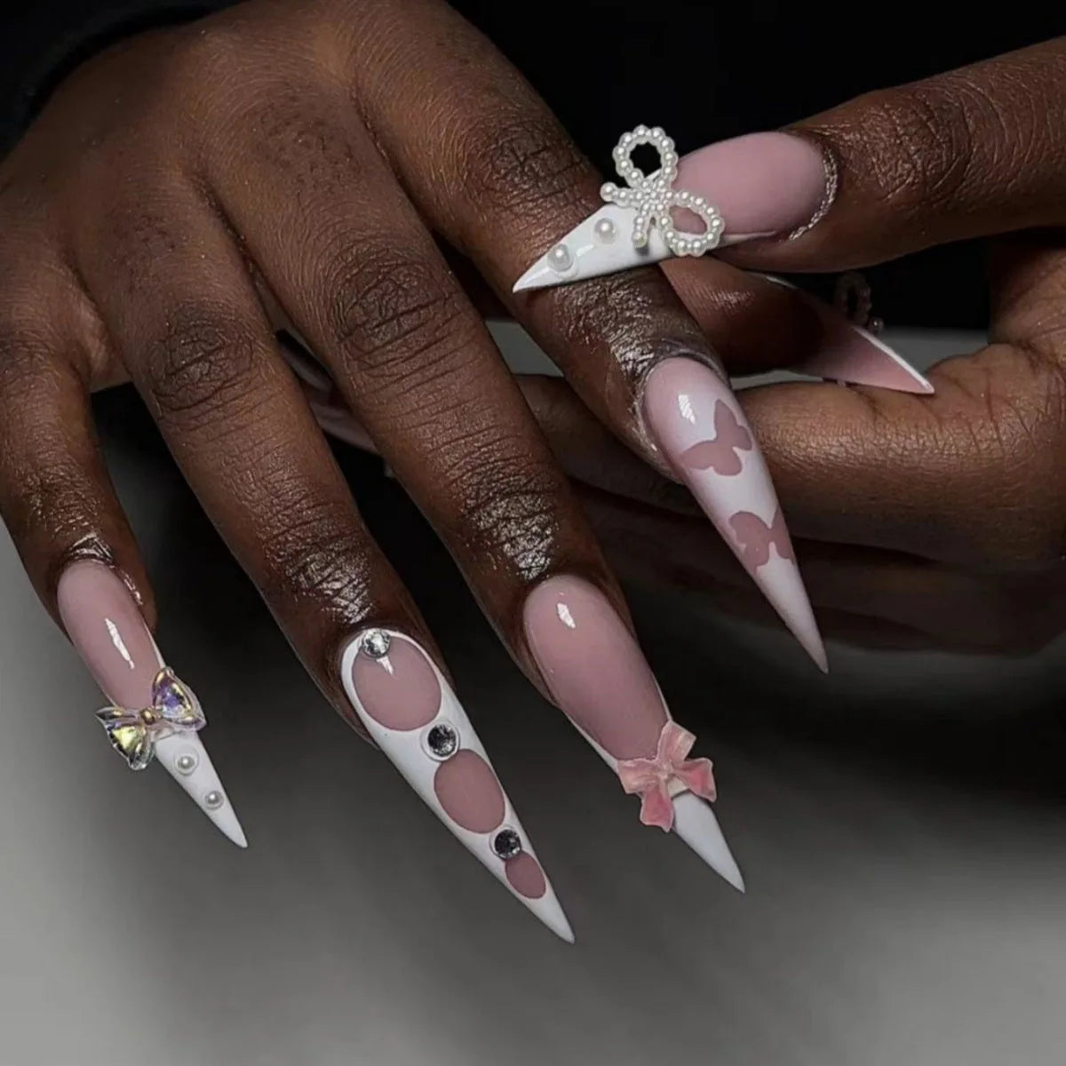 24pcs Long Stiletto Almond Fake Nails Art Wearable Pink Bow Design False Nail with Pearl Design French Press on Nails Finished