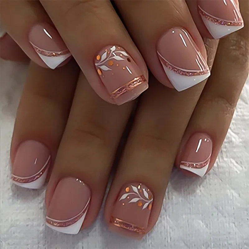 24Pcs Short Square Head Press on Fake Nails Simple French False Nails Art with White Leaves Design Wearable Full Cover Nail Tips