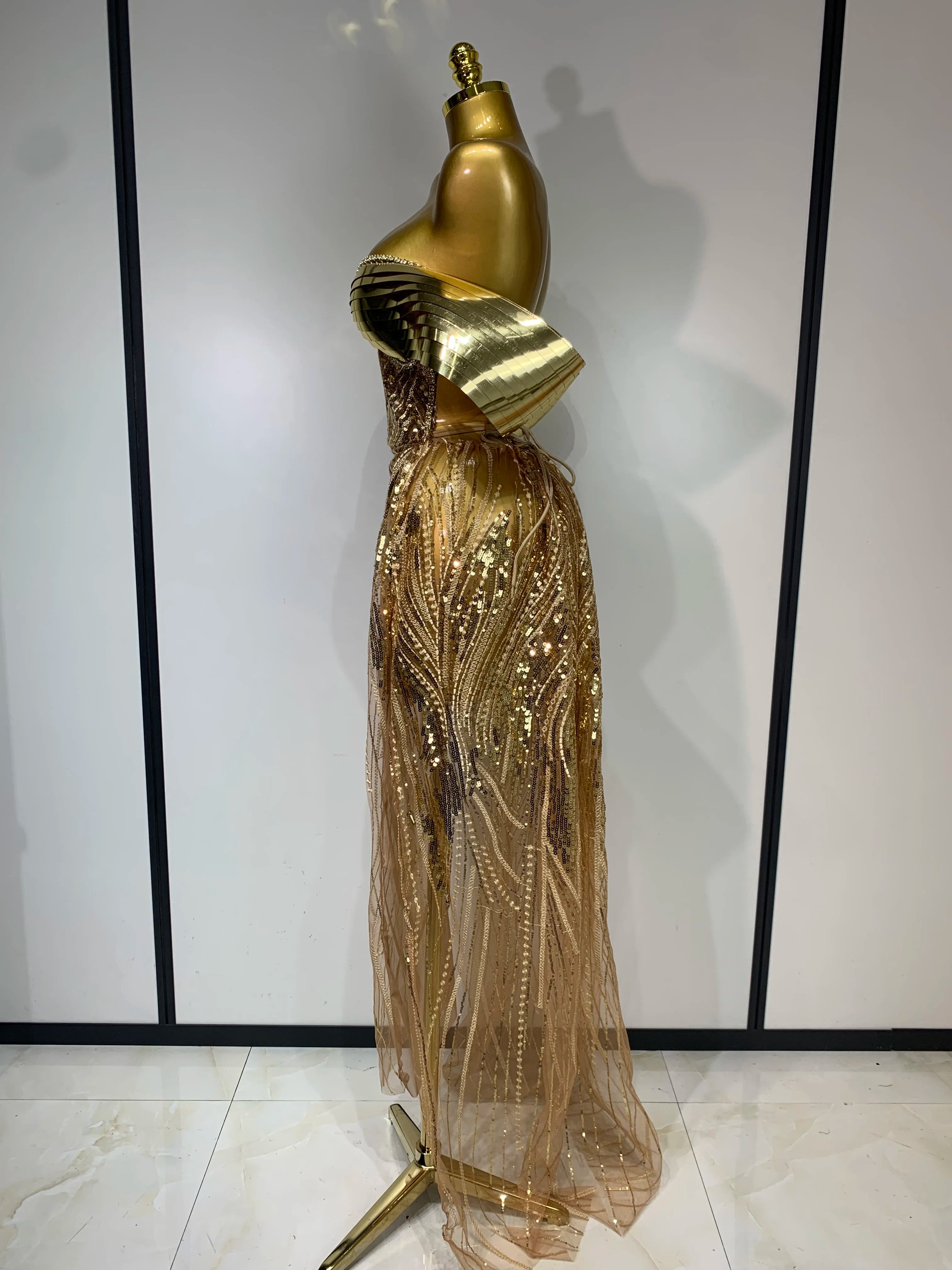 Sparkly Gold Long Dress Luxury Rhinestone Sequins See Thourgh Birthday Gown Sexy Off Shoulder Performance Singer Costume