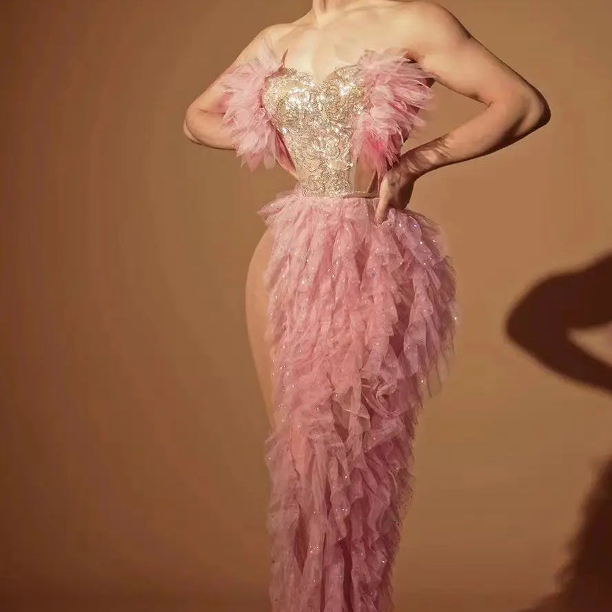 Fashion Women Sexy Strapless Ruffles 2 Pieces Bodycon Long Dress Celebrate Nightclub Party Performance Costume