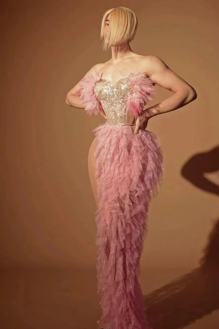 Fashion Women Sexy Strapless Ruffles 2 Pieces Bodycon Long Dress Celebrate Nightclub Party Performance Costume