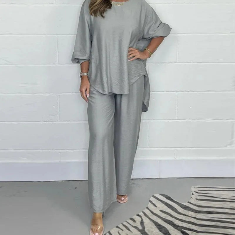 Elegant Casual Solid Color Loose 2pc Set Fashion O Neck Long Sleeve Pullover+Wide Leg Pants Outfits Spring Simple Loose Soft Set