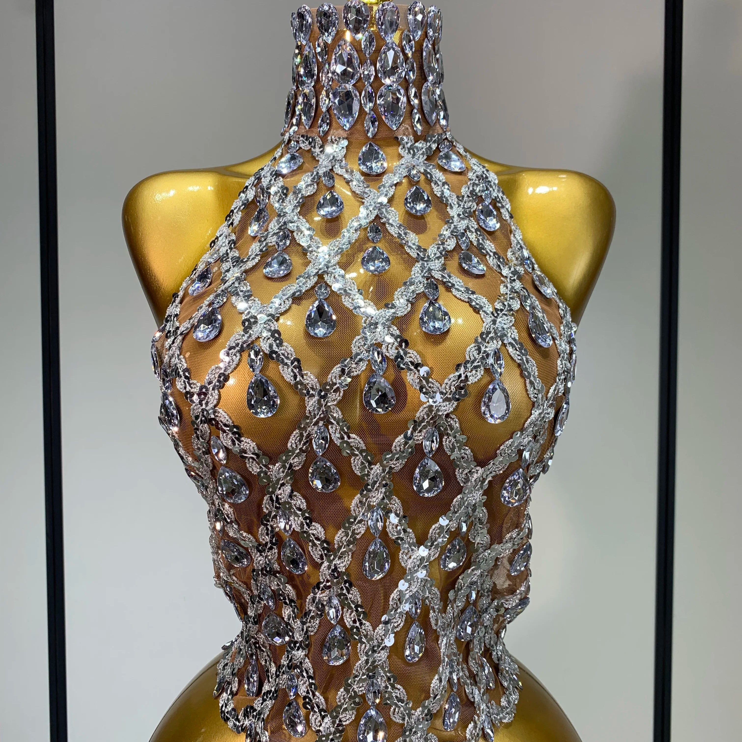 Sparkly Slver Rhinestone Sequins Mesh See Through Top Women Sexy Nightclub Evening Party Backless Spicy Girl Stage Outfit