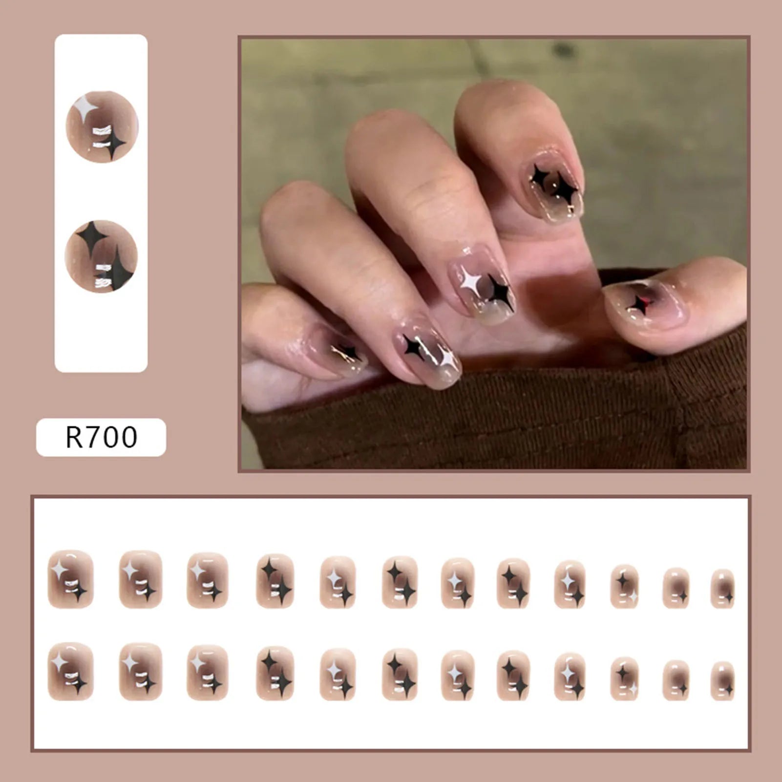 Y2K Girls Charm Manicure 24Pcs Short Square Press On Nails Star Printed Nude Color Wearable False Nails Extension faux ongles