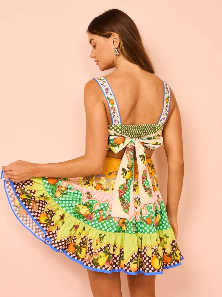 Casual Chic Print Sleeveless Backless Mini Dress Women Fashion A-line Strap Slip Short Dress Summer Elegant Vestido Holiday