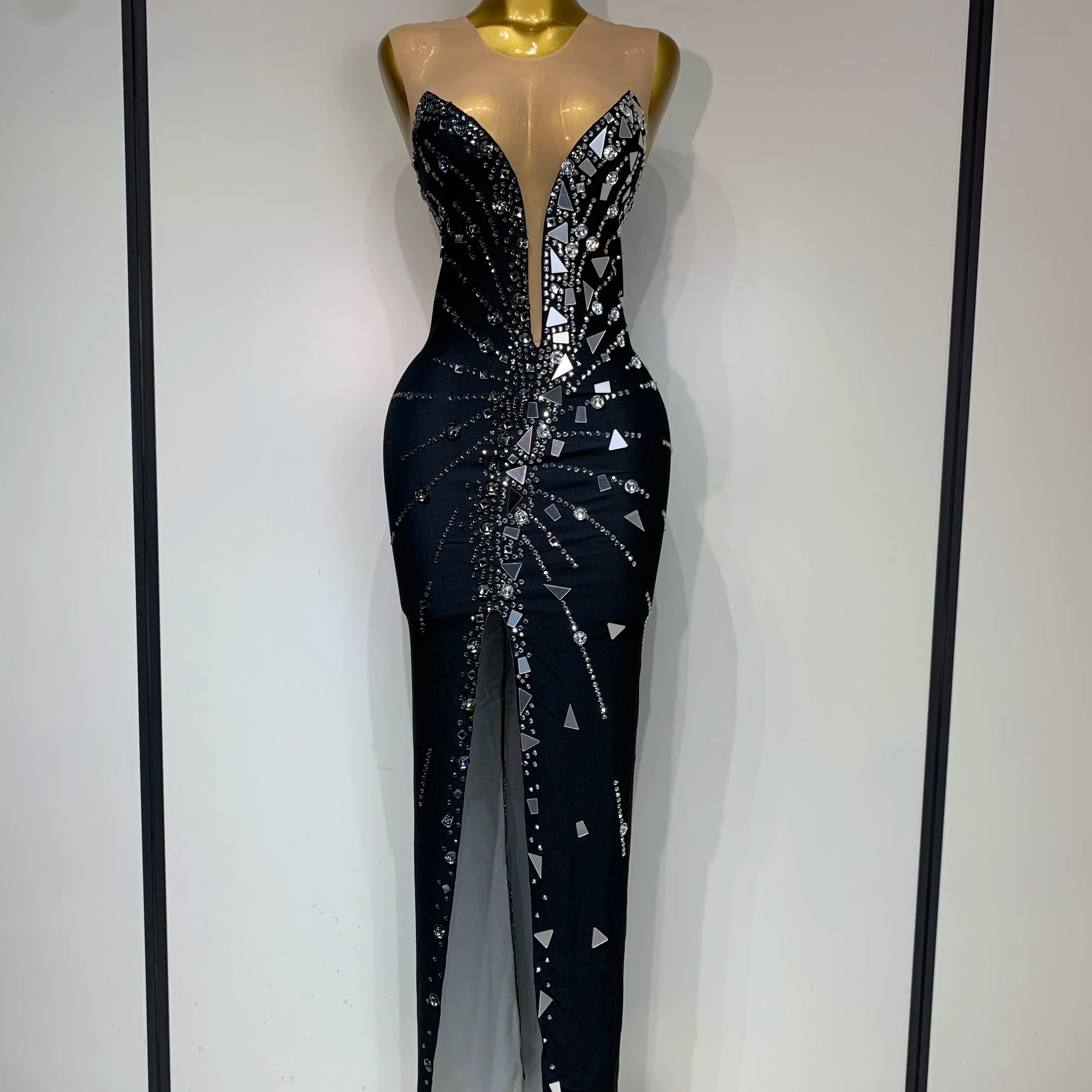 Vestido preto com patchwork e strass, com lentes de laço, vestido longo para festa, comemoração, baile de formatura, palco, festival