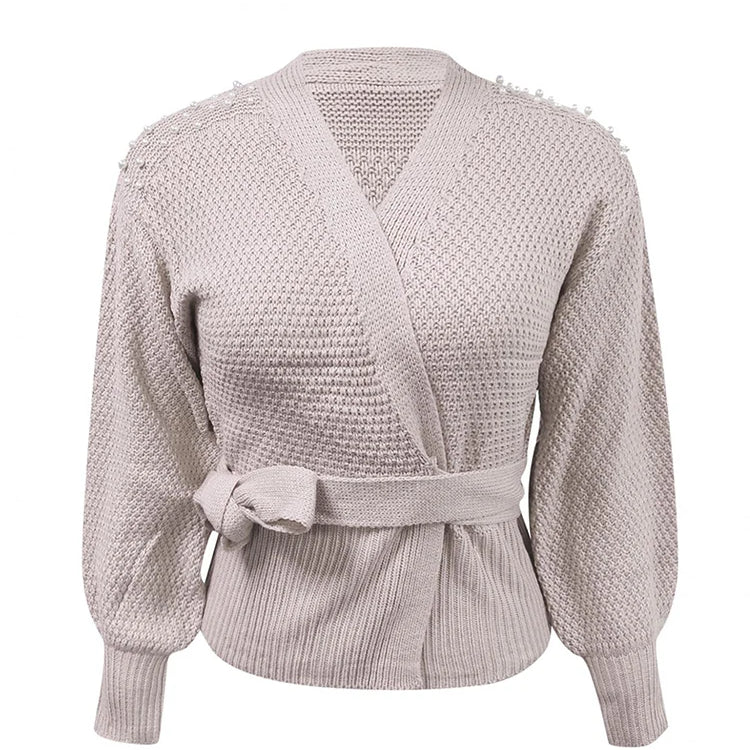 Women Pearls Sweater Cardigans Bowknot Knit Cardiagn Tops Plus Size Sweater Coat Short Outwear