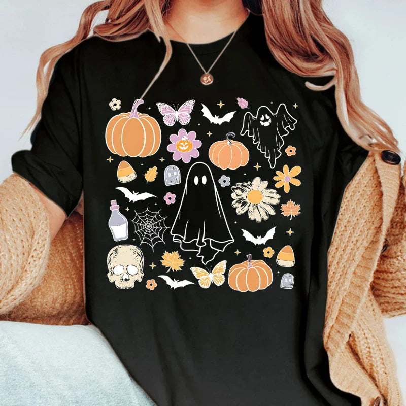 Ghost Print T-shirt, Halloween T-shirt, Short Sleeve Crew Neck Leisure T-shirt For Spring & Summer, Women's Clothing black