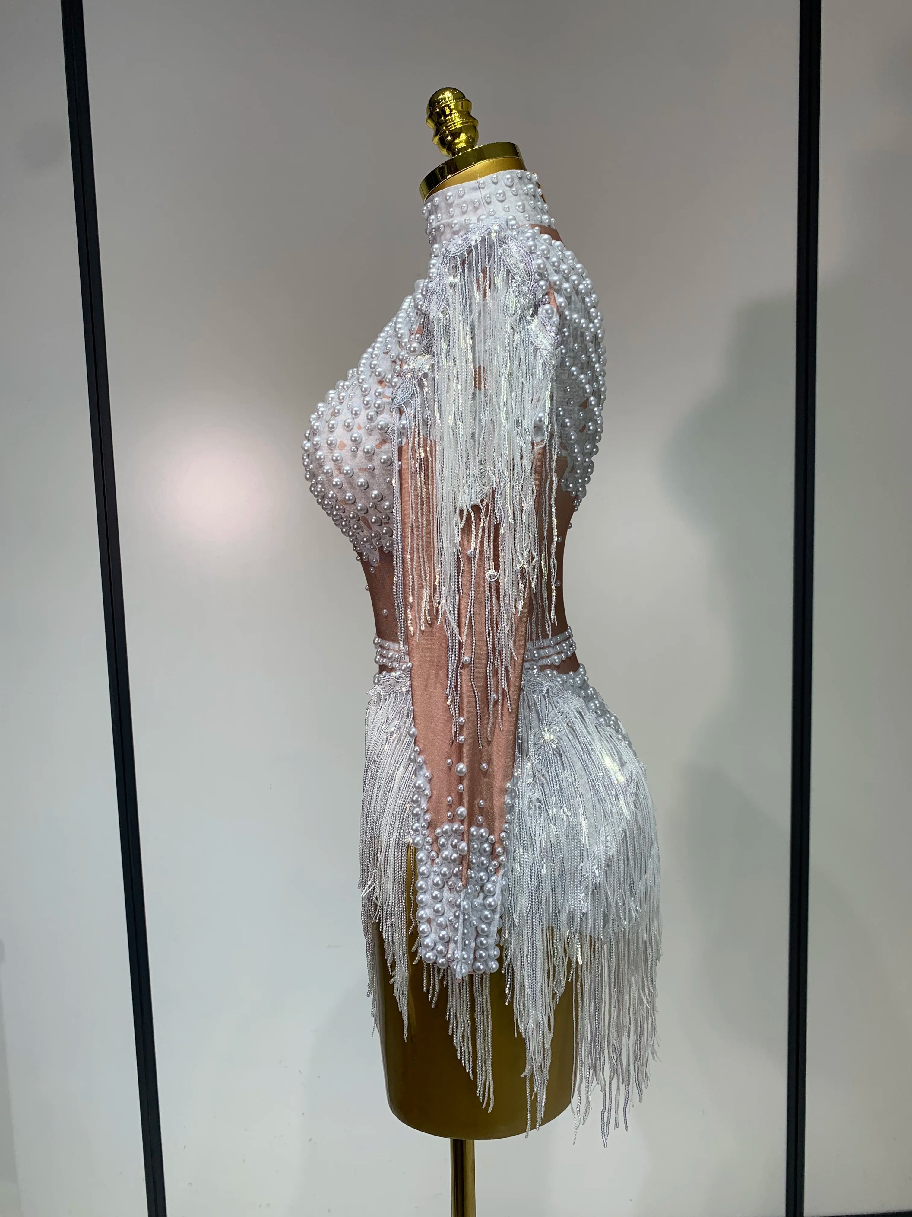 Women Long Sleeve Sexy Stretch Bodycon Shinning Tassels Rhinestones Bodysuit Celebrate Birthday Club Evening Party Stage Outfit