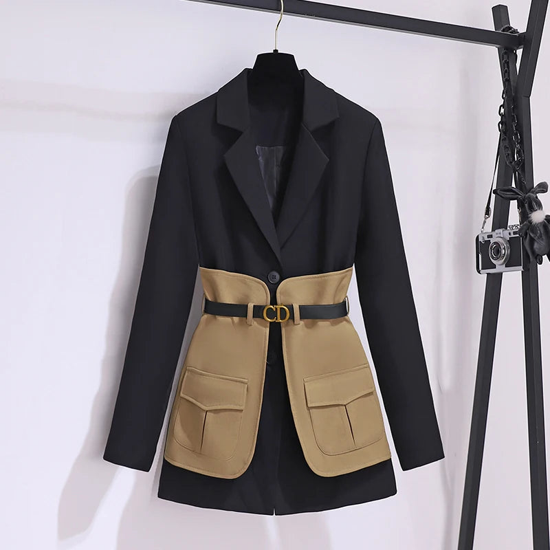 Autumn Winter Blazer For Women Patchwork Color Korean Fashion Design Casual Coat And Jacket Women With Belt Outwears black