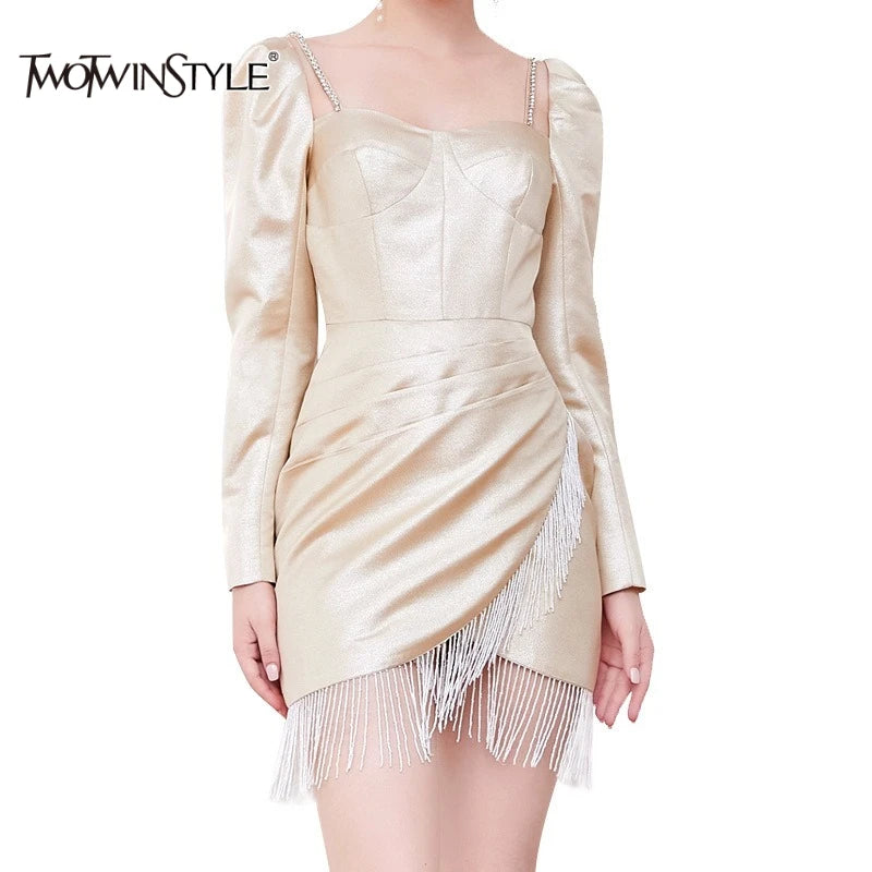 TWOTWINSTYLE Solid Slimming Spliced Tassels Elegant Dresses for Women Square Neck Long Sleeves Patchwork Folds Dress Female New