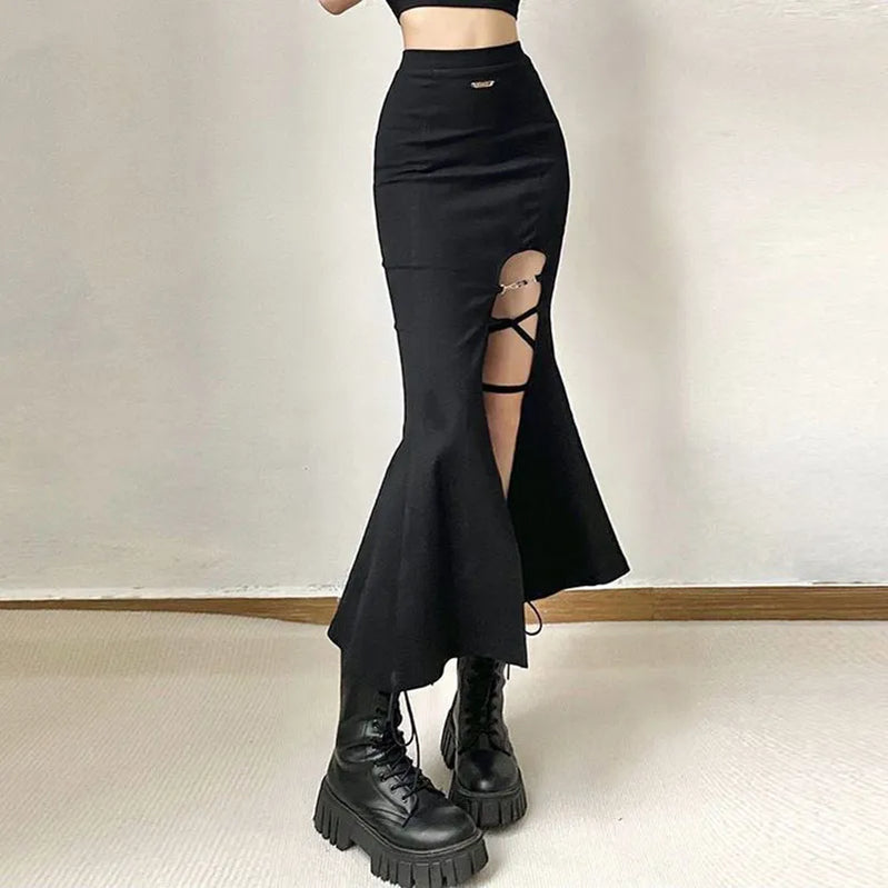 High Waist Women Mermaid Skirts American Style Designed Bandage Split Midi Skirt Y2K Fashion Streetwear Female Skirts Spring